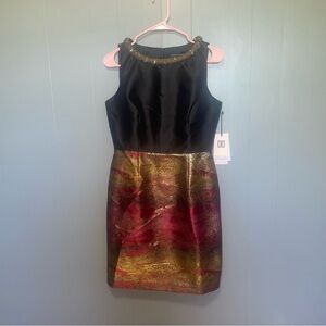Ivanka Trump Castles Sleeveless Black Red Gold Pencil Dress Size 4